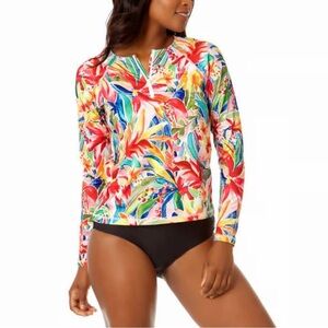 Hurley NWT Ladies Women Long Sleeve Rash Guard Swim Shirt Red Floral Med UPF 50+
